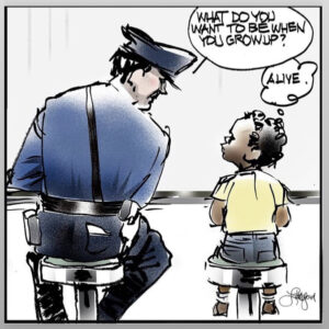 A white police officer leans over to a black child and asks what they want to be when they grow up. The child replies, "alive."